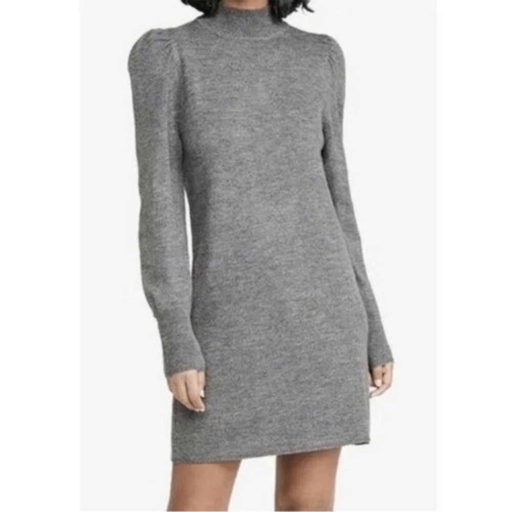 Heather Grey Mock Neck Puff Shoulder Long Sleeve Knit Mini Sweater Dress